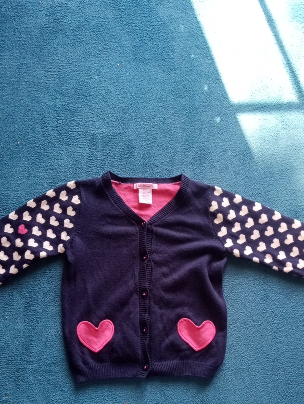 Girls Navy Cardigan with Pink Heart Accents - Cute Knit Jacket